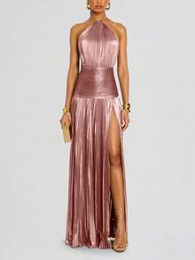 Metallic Pleated Halter Maxi Dress, Ruched Waist With Front Slit, Elegant Evening Gown For Prom & Weddings - Pink - View 1