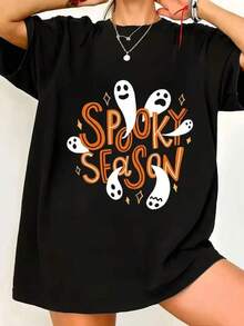 New 2026 Camiseta de Halloween para Mujer - Estampado Espeluznante con Fantasmas y Calabazas - Camisa Negra para Fiestas de Halloween - Ropa Ligera, Elástica y Cómoda - Lavable a Máquina, Moda Festiva, Manga Corta, Diseño Divertido, Cuidado Fácil Mujer casual estampado de Halloween calabazas y fantasmas oversize cuello redondo manga corta primavera verano uso diario camiseta - Negro - Ver 6