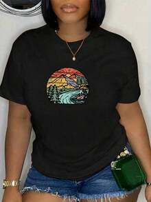 Women's T-Shirts Nature Print Spring And Summer Casual Loose Round Neck Short Sleeve 100% Cotton - 黑色 - 查看 5