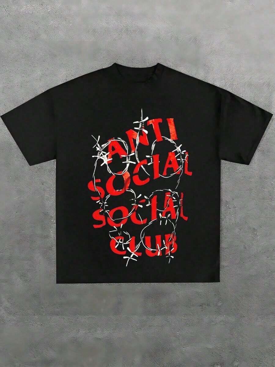 Camiseta de Talla Grande con Estampado de Letras 'Anti Social' y Alambre de Púas, Estilo Urbano, 1 Pieza, 100% Algodón, Camiseta Casual para Hombre, Camiseta Gráfica de Cuello Redondo y Manga Corta, 220g, Ideal para Salir, Regalo Unisex de Verano - Negro - Ver 1