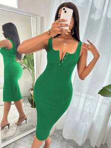 Vestido largo de punto ajustado con medio botón y acanalado, color burdeos, atuendo de mujer - Verde 2 - Ver 6