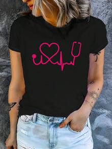 Camiseta de mujer con estampado de elementos profesionales de enfermería europea y americana - Negro - Ver 12