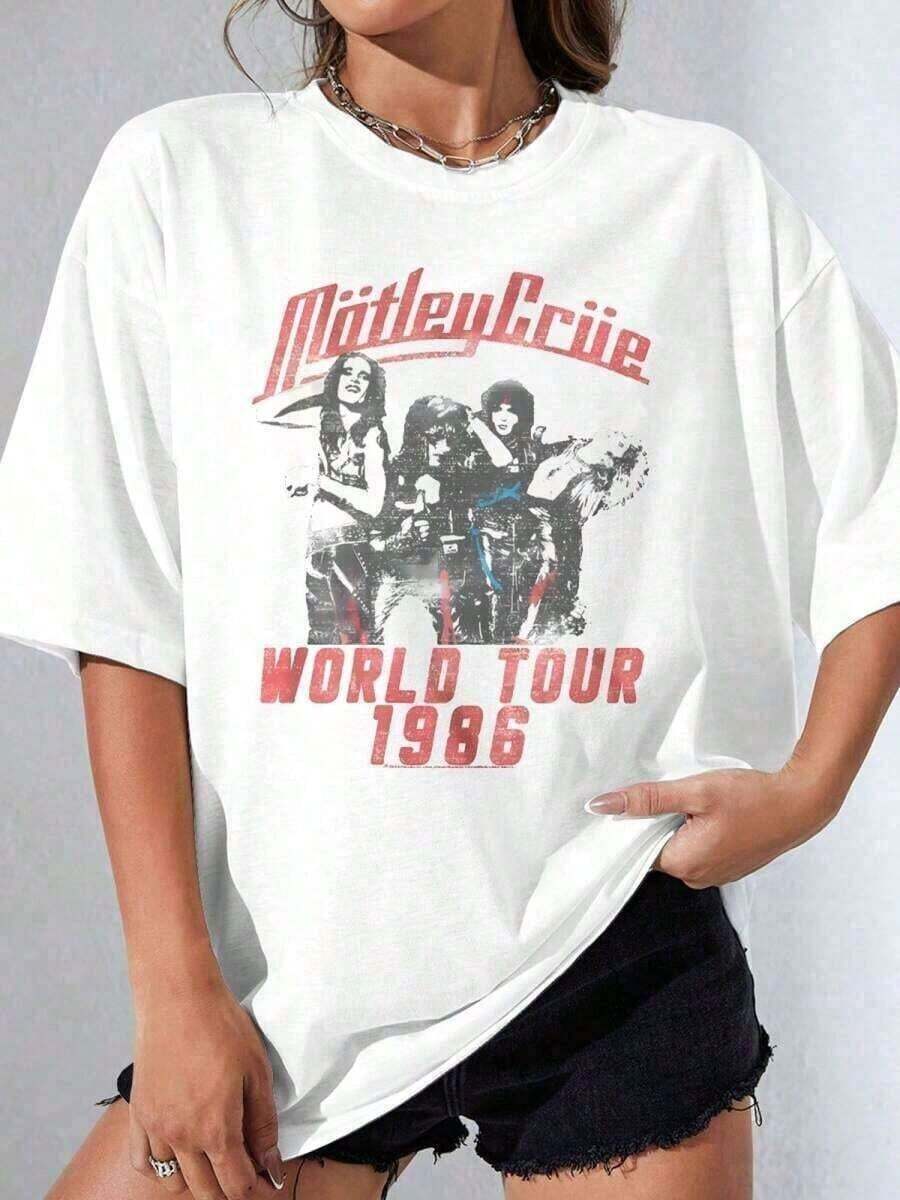 ropa de mujer Camisetas con estampado 1986 American Heavy Metal Rock Band World Camiseta Blanca para Adultos Y2K, Tops de Verano camisas de mujer - Blanco - Ver 1