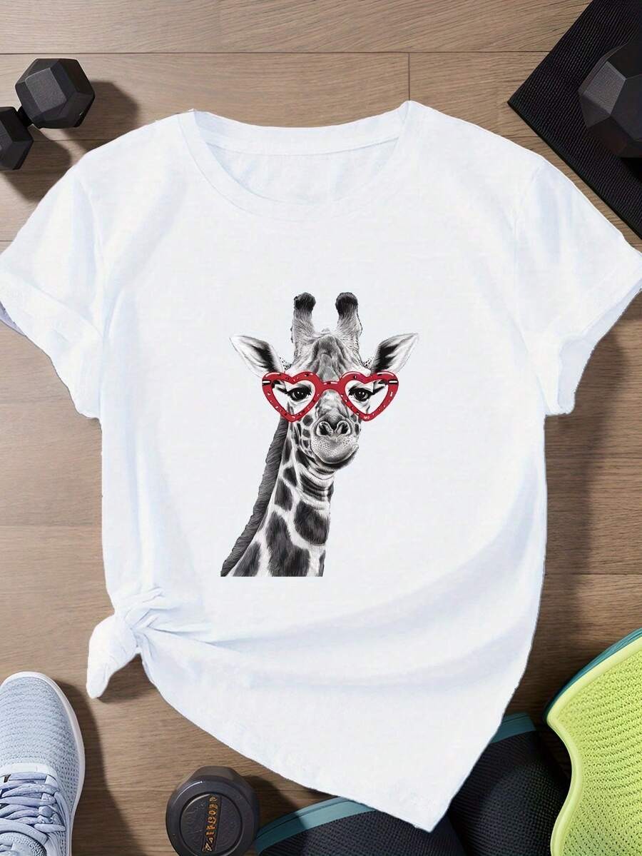 Women's Short Sleeve Sports T-Shirt With Giraffe Design Wearing Heart-Shaped Glasses - A Very Distinctive Printed T-Shirt / Unisex Style / Suitable For Both Men And Women / Wrinkle-Resistant / Breathable - 白色 - 查看 1