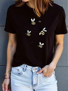 Bee Print T-Shirt - Soft, Breathable, Comfortable, Polyester Blend, Short Sleeve, Summer Casual Sportswear, Easy Care, Quick Drying, Suitable For Outdoor Activities And Casual Wear, Casual Style, ALL/Everyone/Everyone. - 黑色 - 查看 2