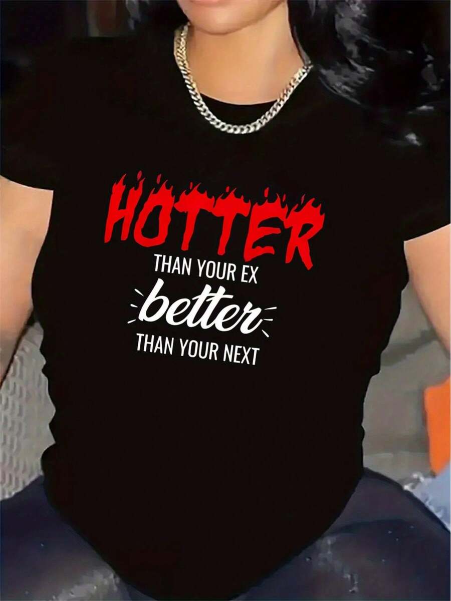 Short-Sleeved T-Shirt For Restaurants | Durable And Lightweight, With An Eye-Catching Text Design, Comfortable Fit, Perfect For Casual Dining And Everyday Wear, And Fashionable Blouse For Women, Round Neck, Medium Stretch Fabric, Print. - 黑色 - 查看 1