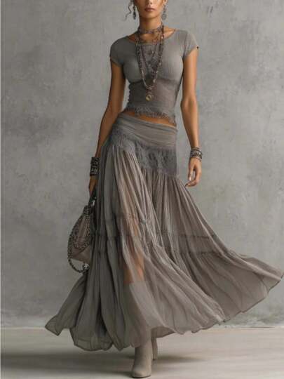 Women's New Summer Solid Color Series Lace Trim Knit Top Chiffon Maxi Skirt Set Elegant And Bohemian Style Suitable For Casual And Vacation Wear Soft And Flowy Fabric