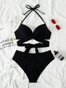 Swim Mod Conjunto de bikini de tirantes cruzados con envoltura de playa y soporte push-up para el verano - Negro - Ver 1