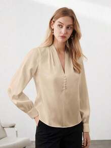 Blusa de manga de globo con cuello en V, nueva para primavera/verano, de tela de satén, elegante y versátil para el día a día en la ciudad, con estilo retro de los 90, adecuada para Navidad, Año Nuevo, San Valentín, fiestas, playa, graduación, mod - Champán - Ver 3