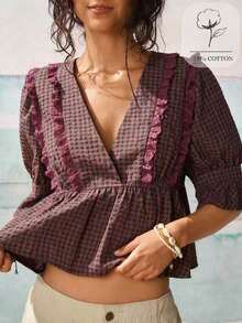 Blusa ajustada con cuello en V profundo, volantes en la cintura y mangas de pétalos a cuadros vintage - Rosa - Ver 7