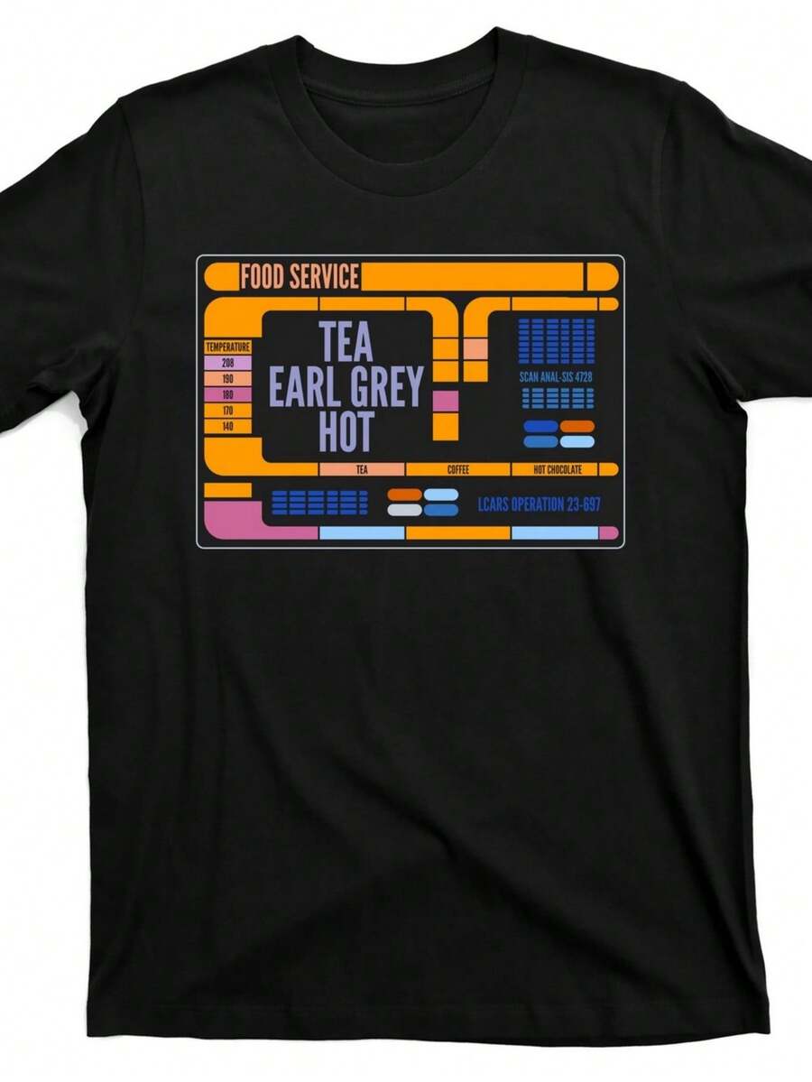 Camiseta de Earl Grey con té caliente y el capitán Picard, manga corta casual, cuello redondo, material cómodo, ligeramente elástica, adecuada para todas las estaciones, corte regular, camiseta de moda para cualquier momento del año - Negro - Ver 1