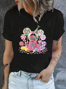 2026 Women's Fun Candy Theme Printed T-Shirt - Casual Short Sleeve Crew Neck Top, Colorful Gumball And Lollipop Machine Pattern, Medium Stretch Washable Fabric, Suitable For Spring And Summer Party Outfits, Candy Style Clothing, Domestic Shipping For Women, Women's Long Sleeve Blouses 1pc 180g Unisex Loose Crewneck T-Shirt - 黑色 - 查看 7