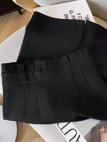 Falda midi de diseño minimalista con cintura de bolsa de papel, cintura alta, falda ajustada para el trabajo, color negro - Negro - Ver 7