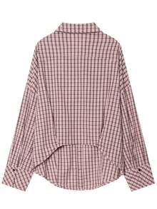 Camisa a cuadros para mujer con cintura elástica y botones laterales, blusa casual de manga larga color rosa - Rosa - Ver 6