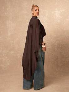 Nueva llegada Blusa elegante de mujer de alta gama con cuello suelto, bajo asimétrico con volantes, parte delantera corta y parte trasera larga - Marrón - Ver 7
