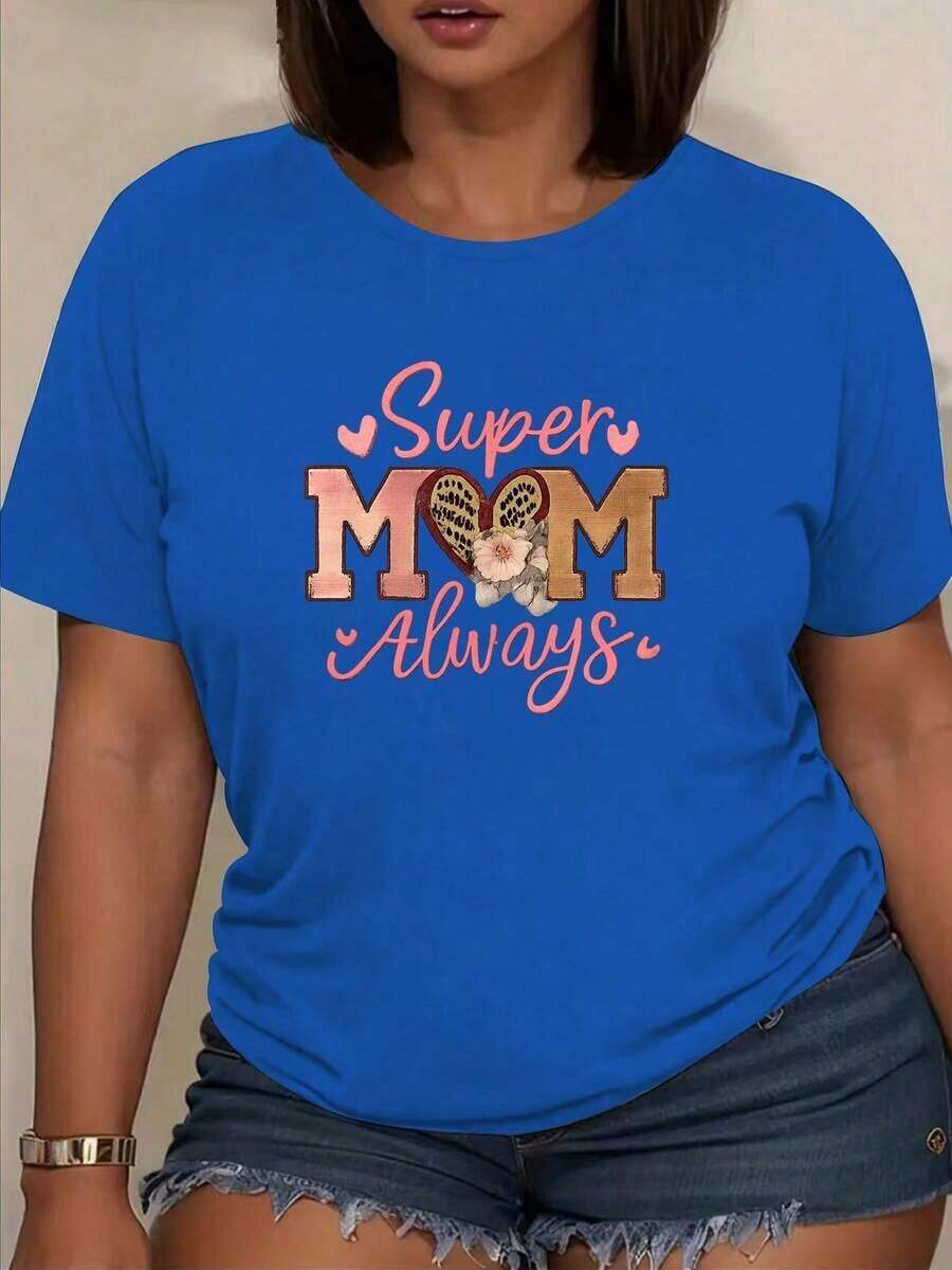 Women's Short Sleeve T-Shirt With "Blessed Mom" Print - Round Neck Short Sleeve Top Suitable For Spring And Summer Wardrobe - Elegant, Lightweight, Breathable Casual Blouse - 藍色 - 查看 1
