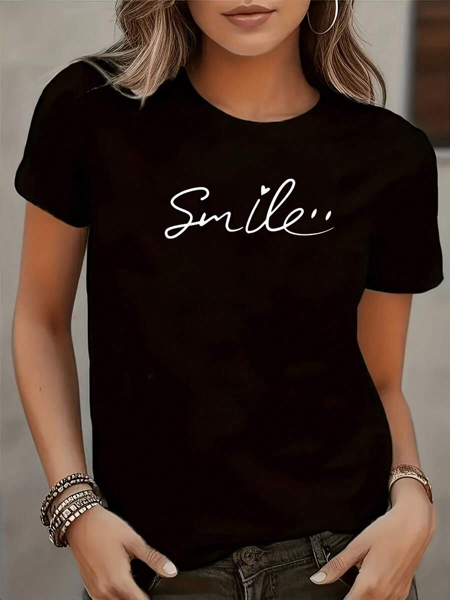 Camiseta Femenina Manga Corta Estilo Clásico Ligera Fresca Versátil Verano eñora Manga Corta Diseño Elegante Casual Ligera Uso Diario Verano - Negro - Ver 1