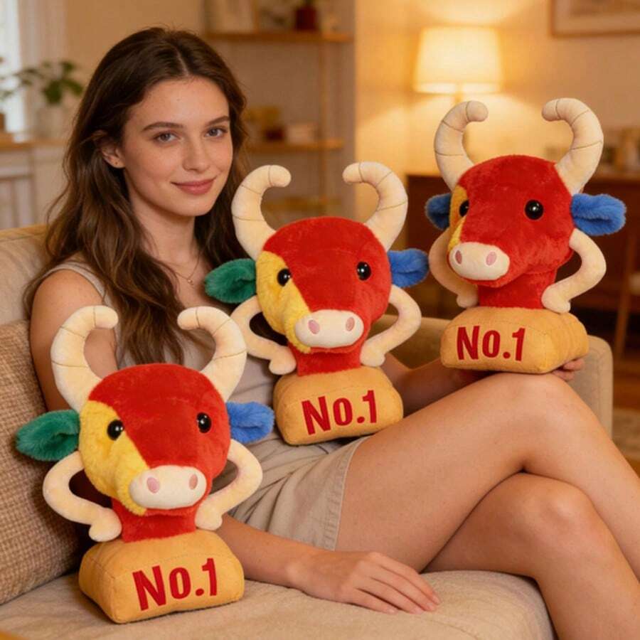 1pc Cute Bull Trophy Plush Doll, Funny Soft Cuddly Bull Trophy Plush Doll Pillow, Best Award Plush Doll, Cartoon Character Plush Doll, Graduation Gift, Inspirational Gift, Dorm Desk Decor, Back To School Gift, Mother's Day Gift