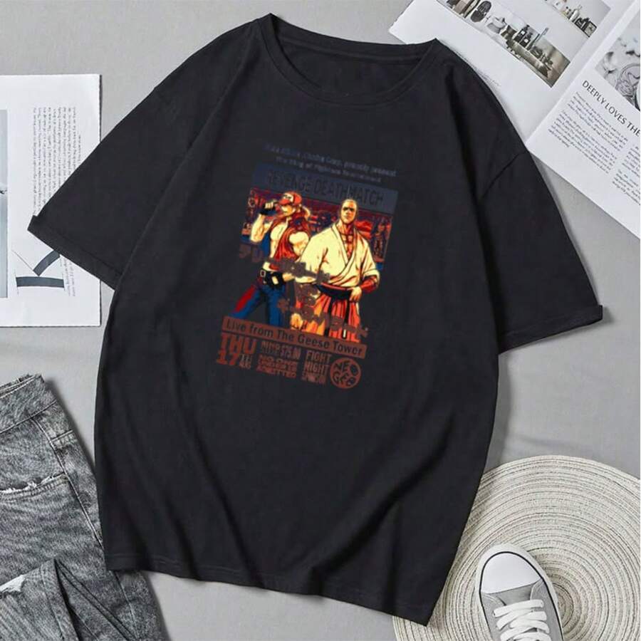 Camiseta Garou-Densetsu con estampado de estilo anime, manga corta, unisex, estilo urbano de verano. - Negro - Ver 1