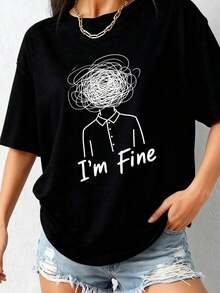 Sudadera Casual de Cuello Redondo para Mujer con Estampado "I'm Fine-1Pure-Cotton" - Negro 2 - Ver 3