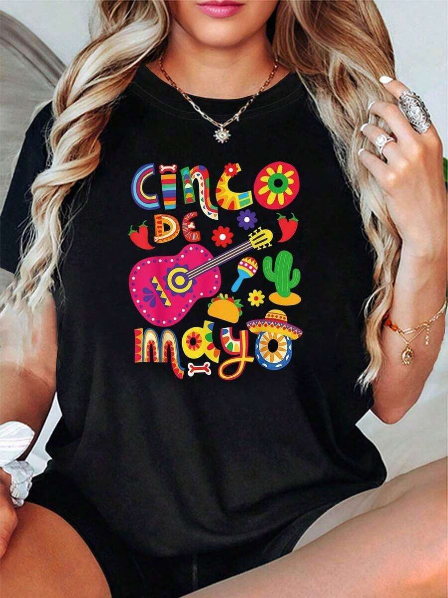 Camiseta Vintage para Mujer "Cinco de Mayo" - Estampado de Letras Españolas, Manga Corta, Cuello Redondo, con "CINCO DE MAYO", Ropa, Blusa Casual de Primavera Verano, Adecuada para Fiestas, Vacaciones y Atuendos Casuales, Camiseta de Manga Corta con Estampado Floral para Mujer, Ligera, Elástica, Cuello Redondo, Camisetas Casuales para Actividades al Aire Libre, Camiseta Gráfica de Moda Urbana - Negro - Ver 1