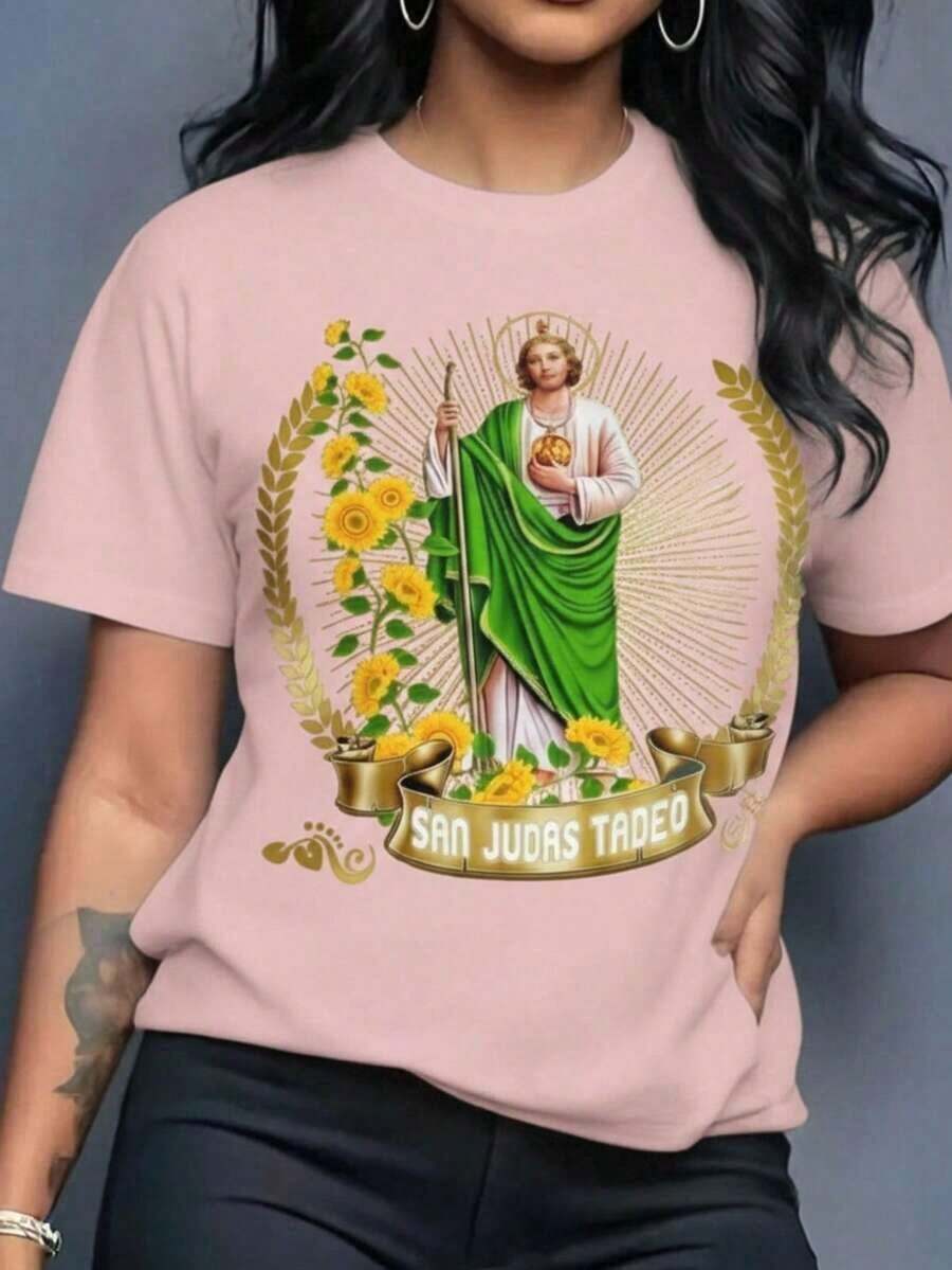 Women's Graphic T-Shirt, Short Sleeve, Round Neck, Basic, Comfortable, Cool, Lightweight, Modern, Youthful, Casual Print, Saint Jude Thaddeus, Sunflowers, Flowers, Floral Lettering - 羅莎 - 查看 1