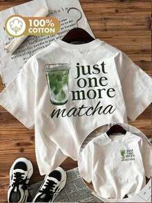 [Double-Sided Print] Women's Fashionable Casual Spring And Summer T-Shirt, Cool Style, "Ice Drink Just One More Matcha" Letter Print, Round Neck, Short Sleeve, Pure Cotton, Women's Summer Clothing C2IS VWBS - 白色 - 查看 1
