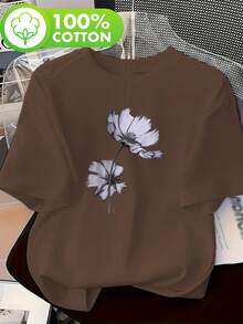 Talla Grande - Talla Grande - Blusa Casual de Manga Corta con Cuello Redondo y Estampado de Flores en Blanco y Negro para Mujer de Talla Grande - Café integral - Ver 1