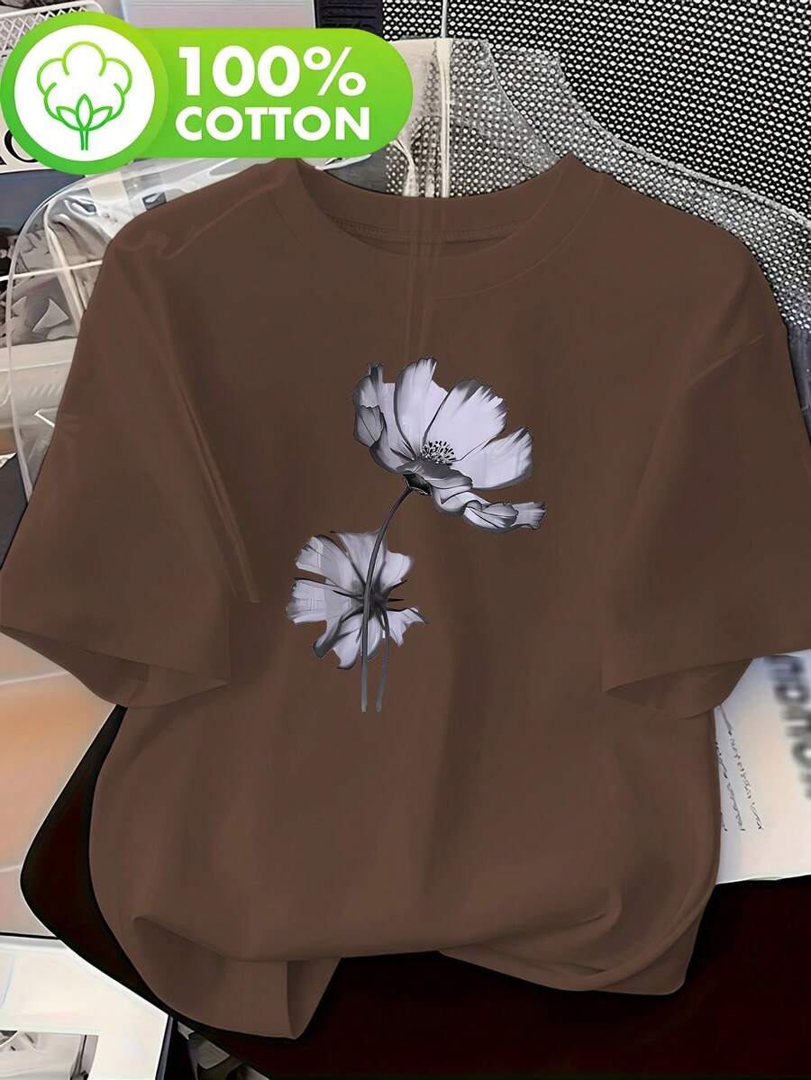 Talla Grande - Talla Grande - Blusa Casual de Manga Corta con Cuello Redondo y Estampado de Flores en Blanco y Negro para Mujer de Talla Grande - Café integral - Ver 1
