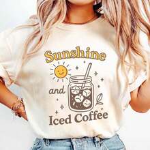 Camiseta con Estampado de Café Helado y Sol para Mujer, Ligera y Transpirable, Cuello Redondo, Manga Corta, Tops de Primavera y Verano, Camisetas Básicas Suaves, Ropa para Vacaciones en la Playa camisetas bonitas para mujer camiseta estilo y2k mujer - Estilo - Ver 7