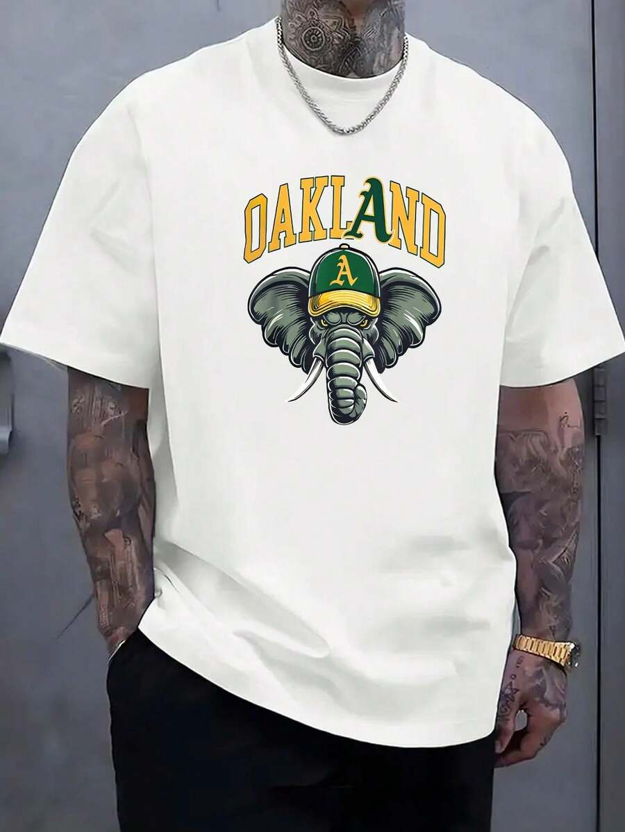 La mejor opción para las nuevas camisetas casuales de verano para hombre, camiseta de manga corta con cuello redondo acanalado, tejido de punto, estampado de elefante Auckland, adecuada para actividades al aire libre, camiseta estampada de verano para hombre. - Blanco - Ver 1