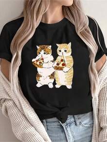 Camiseta Casual de Mujer con Estampado de Gatito Atigrado y Pizza - Manga Corta, Cuello Redondo, Diseño de Gatito Calicó y Rebanada de Pizza, Corte Relajado en H para Amantes, Ropa Casual (Blanco) - Blusa Lavable a Mano para Todas las Estaciones - Negro - Ver 1