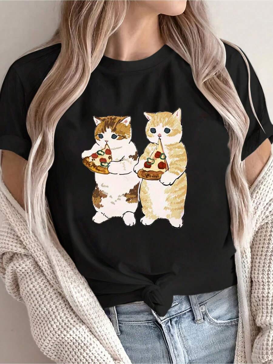 Camiseta Casual de Mujer con Estampado de Gatito Atigrado y Pizza - Manga Corta, Cuello Redondo, Diseño de Gatito Calicó y Rebanada de Pizza, Corte Relajado en H para Amantes, Ropa Casual (Blanco) - Blusa Lavable a Mano para Todas las Estaciones - Negro - Ver 1