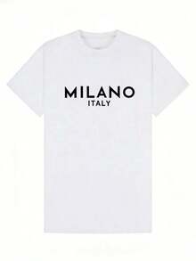 Ropa de Mujer, Camiseta de Verano de Algodón Suave y Casual con Cuello Redondo, Estampado con la Letra de la Ciudad de MILÁNO, ITALIA. Negra. - Blanco - Ver 2