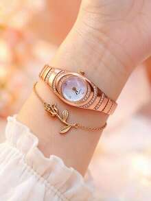 2pcs Set Fashionable Business Versatile Luxury Rhinestone Starry Elegant Quartz Watch Gift Set, Mother's Day Gift - Rose Gold - View 3