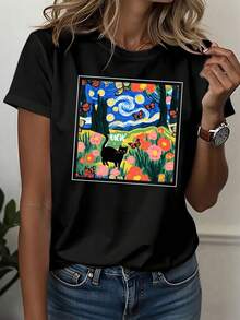Camiseta de algodón puro para mujer, camiseta deportiva casual, camiseta de cuello redondo, estilo único, atuendo para festivales, temática de ciencia ficción, elementos de mariposas y gatos, misteriosa, abstracta, top cómodo para todas las estaciones. - Negro - Ver 1