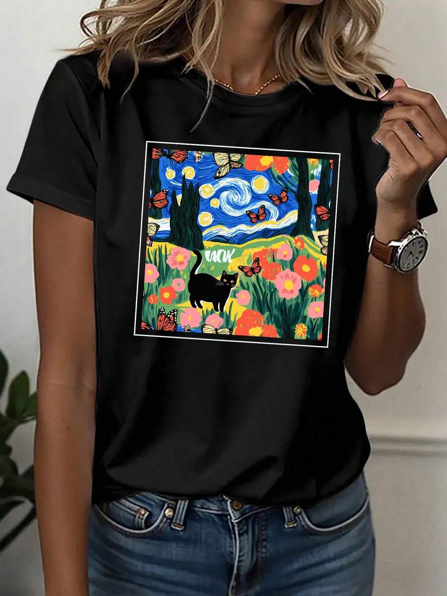 Camiseta de algodón puro para mujer, camiseta deportiva casual, camiseta de cuello redondo, estilo único, atuendo para festivales, temática de ciencia ficción, elementos de mariposas y gatos, misteriosa, abstracta, top cómodo para todas las estaciones. - Negro - Ver 1