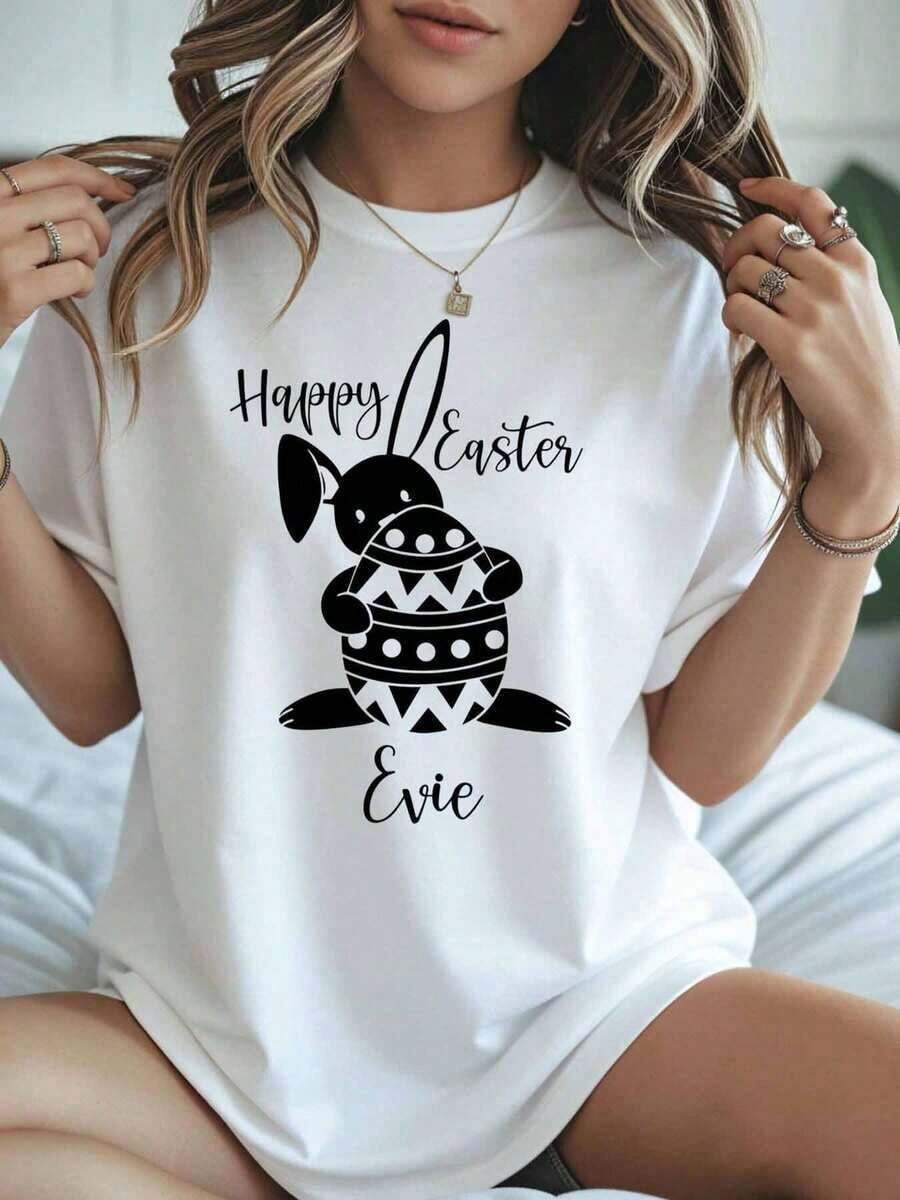Camiseta de Mujer con Nombre Personalizado 'Happy Easter Bunny Egg Evie', Regalo de Pascua para Niñas, Conjuntos a Juego para la Familia, Ropa para Fiesta de Pascua - Blanco - Ver 1