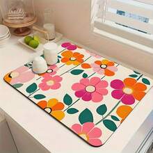 1PC Colorful Floral Pattern Multifunctional Drying Mat, Rubber Material, Heat Insulating Anti-Slip Washable, Polyester Absorbent Countertop Protector, Suitable For Kitchen, Dining Table Decor Mat, Dishwashing Mat, Washing Machine And Coffee Machine Mat, Bathroom Sink Coaster, Kitchen Accessories, Party Supplies - Colorful Little Flowers - View 2