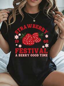 Elegante y casual para mujer, manga corta, camiseta del Festival de Fresas con estampado gráfico "Strawberry Festival A Berry Good Time", ropa casual de verano blanca para mujer. - Negro - Ver 8