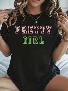 Elegante y casual para mujer, manga corta, camiseta negra para mujer con estampado de chica bonita, ropa casual de verano para uso diario. - Negro - Ver 8
