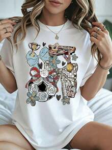 Elegant And Casual Women's Short Sleeve,Casual T Shirt World Cup Soccer Ball Trophy And Medal Print White Women Summer Wear For Sports Fans - 白色 - 查看 8