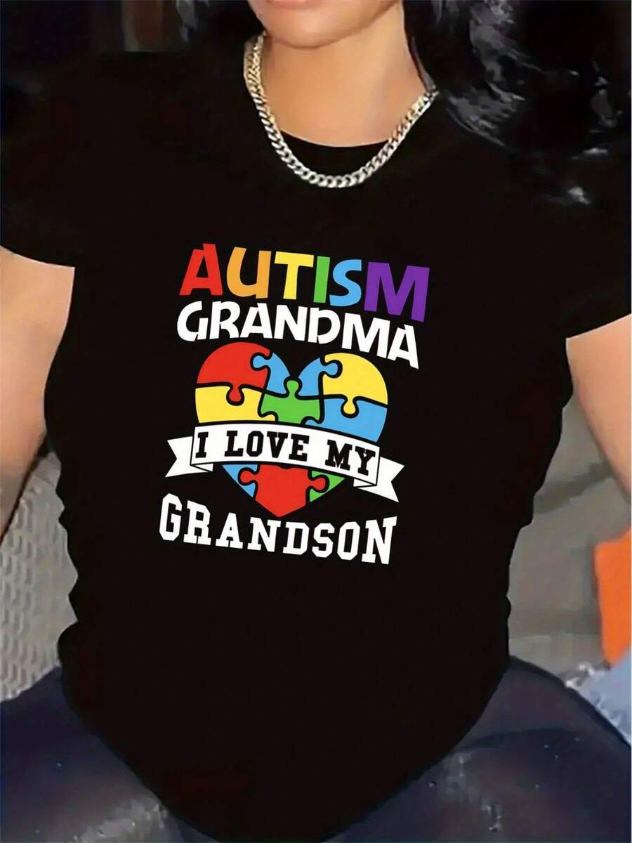 Camiseta para abuela con autismo - Camiseta con diseño de "Amo a mi nieto", patrón de rompecabezas colorido, suave y transpirable, cómoda camiseta de manga corta con cuello redondo, adecuada para uso casual, reuniones familiares y actividades al aire libre, disponible en blanco y negro, un regalo perfecto para abuelas, camiseta de abuela, camiseta con estampado divertido, camiseta de tela duradera, playeras de mujer. - Negro - Ver 1
