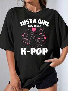 Camisetas de Mujer, Manga Corta Casual para Fiesta, Camiseta Oversize Blanca con Estampado de "Just A Girl Who Loves K Pop" con Corazón y Gesto de Mano para Uso Casual y Festivales de Música, 180g - Negro - Ver 7