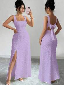 de punto texturizado sin mangas con cuello cuadrado, diseño de lazo en la espalda abierta, elegante vestido ajustado para fiesta - Púrpura malva - Ver 3