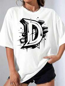 Camiseta Blanca y Negra para Niña, Camiseta Blanca de Talla Grande con Estampado de Grafiti en Forma de D para Uso Casual, Fiesta al Aire Libre, Camiseta Estampada Casual de 180g - Blanco - Ver 1
