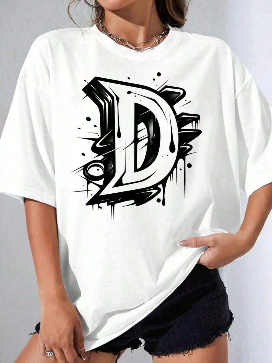 Camiseta Blanca y Negra para Niña, Camiseta Blanca de Talla Grande con Estampado de Grafiti en Forma de D para Uso Casual, Fiesta al Aire Libre, Camiseta Estampada Casual de 180g - Blanco - Ver 1