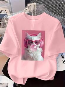 Camiseta de manga corta para mujer, estampada con diseño de gato, cuello redondo, estilo casual para todas las estaciones, ideal para vacaciones de verano. - Negro - Ver 9