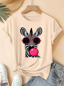 Camiseta Casual de Manga Corta con Estampado de Cebra para Mujer, Ideal para Vacaciones de VeranoImprimirManga cortaVintageCuello RedondoCamisetaConGafas de solYChicleSoplando,FrescoBosqueEstiloSueltoSuperior,2026Primavera/VeranoEleganteFiestaModaVersátilCommutadorMujeresRopa-VintageCalleEstiloUnisexoSueltoAlgodónCortoMangaTripulaciónCuelloCamiseta - Albaricoque - Ver 1
