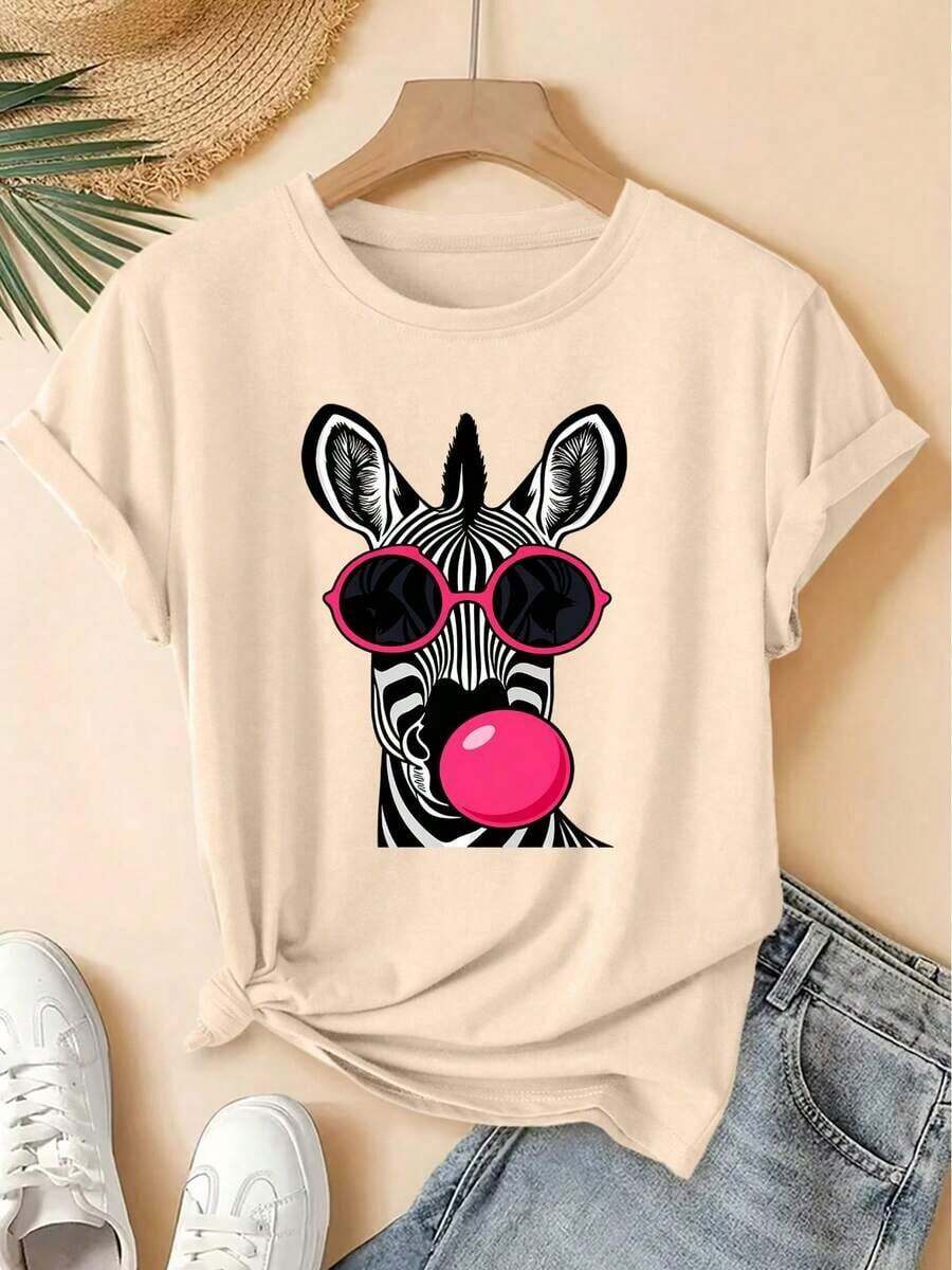 Camiseta Casual de Manga Corta con Estampado de Cebra para Mujer, Ideal para Vacaciones de VeranoImprimirManga cortaVintageCuello RedondoCamisetaConGafas de solYChicleSoplando,FrescoBosqueEstiloSueltoSuperior,2026Primavera/VeranoEleganteFiestaModaVersátilCommutadorMujeresRopa-VintageCalleEstiloUnisexoSueltoAlgodónCortoMangaTripulaciónCuelloCamiseta - Albaricoque - Ver 1